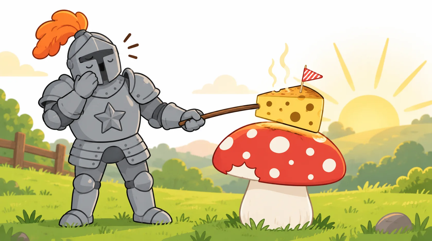 At sunrise, a yawning suit of armor toasts a slice of cheese on top of a mushroom.