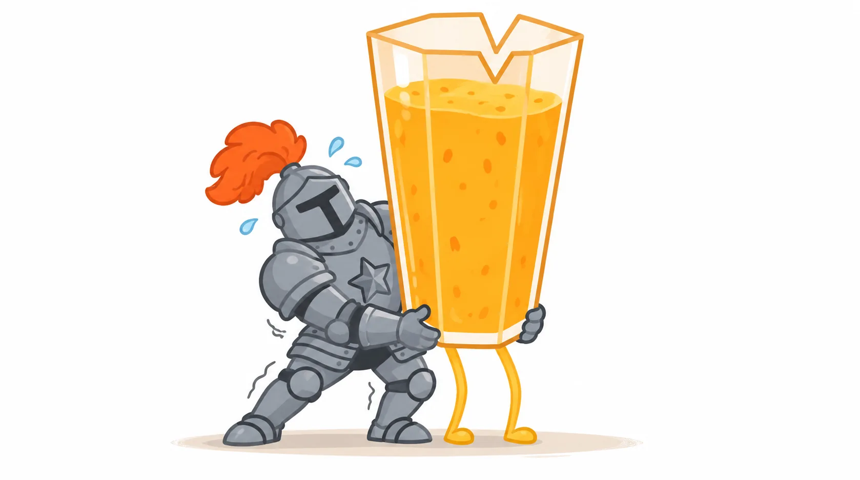 A suit of armor strains to lift an absurdly tall glass of orange juice.