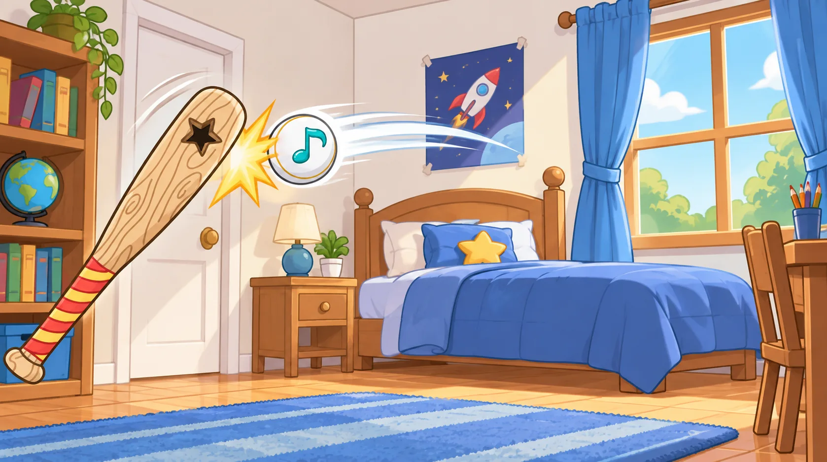 A baseball bat sends a little ping-pong ball flying across a cozy bedroom with a bed and a window.