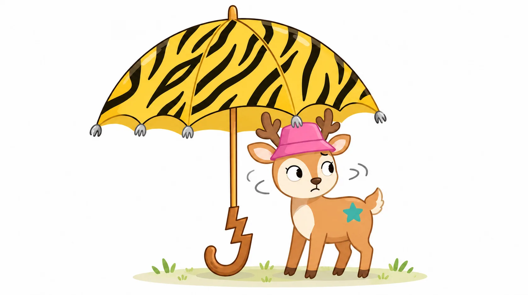 A deer stands under an open umbrella, looking around in every direction with a puzzled face.