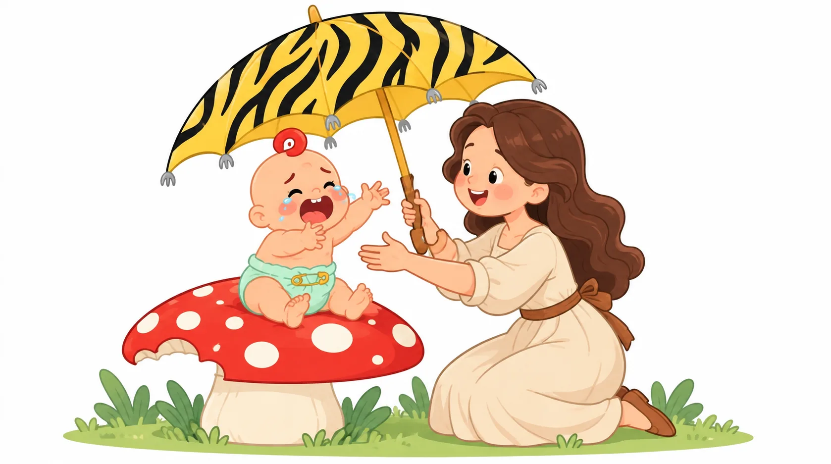 Under an open umbrella, a baby sits on a big mushroom crying and reaching up for her mom.
