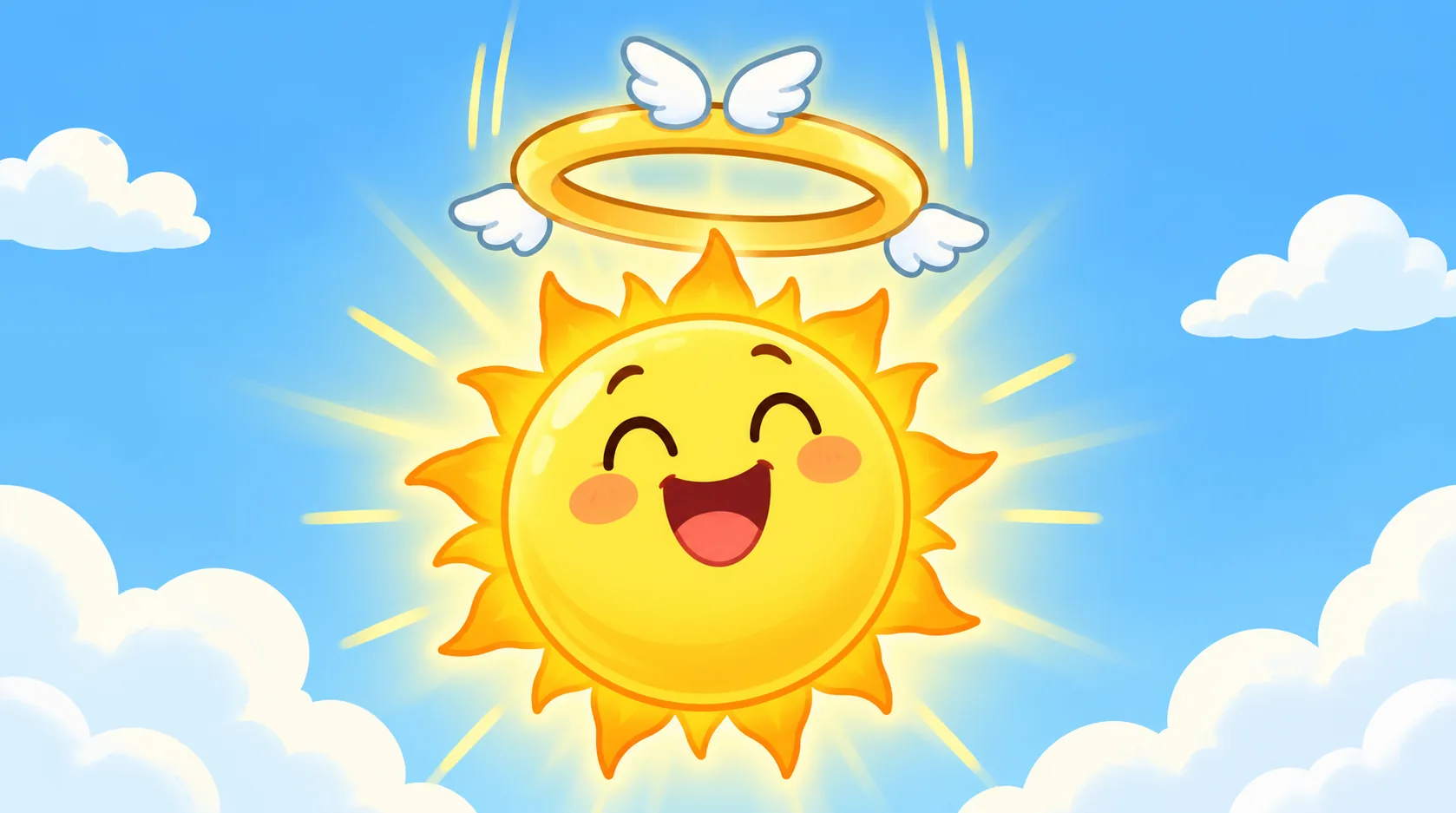 A glowing golden halo floats down and rings the top of a big blazing sun in a blue sky.