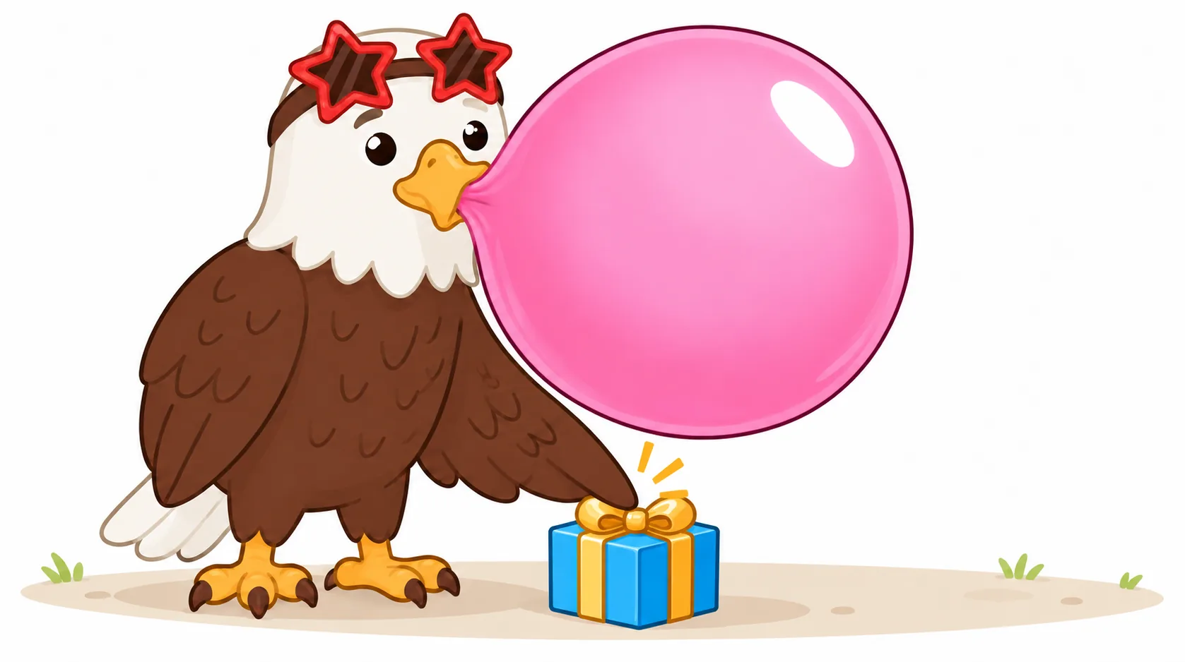 An eagle blowing a big pink bubble of gum taps a small wrapped gift right at its own feet with one wing.