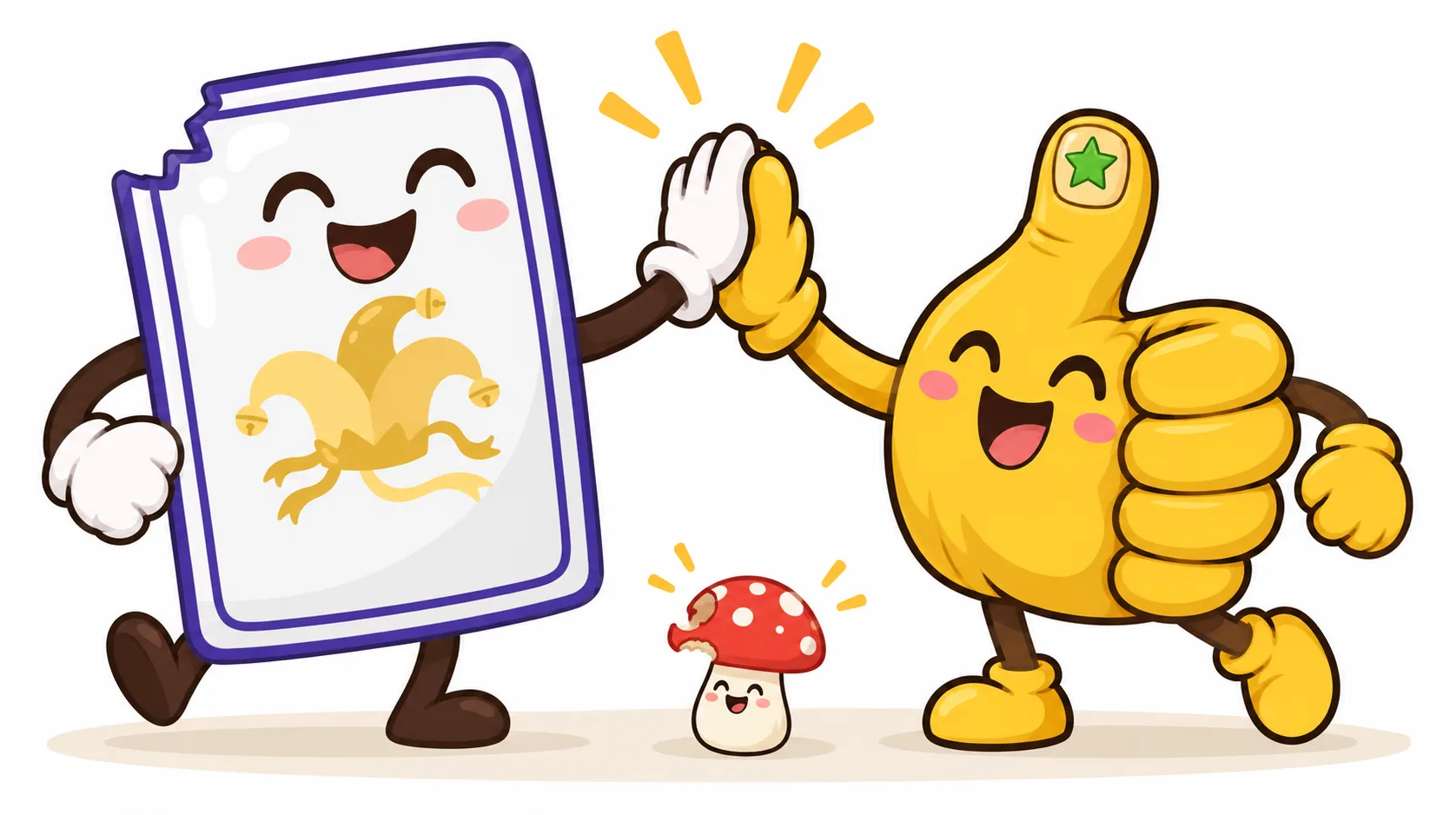 A joker playing card high-fives a gloved thumbs-up hand; between them sits a single tiny mushroom.