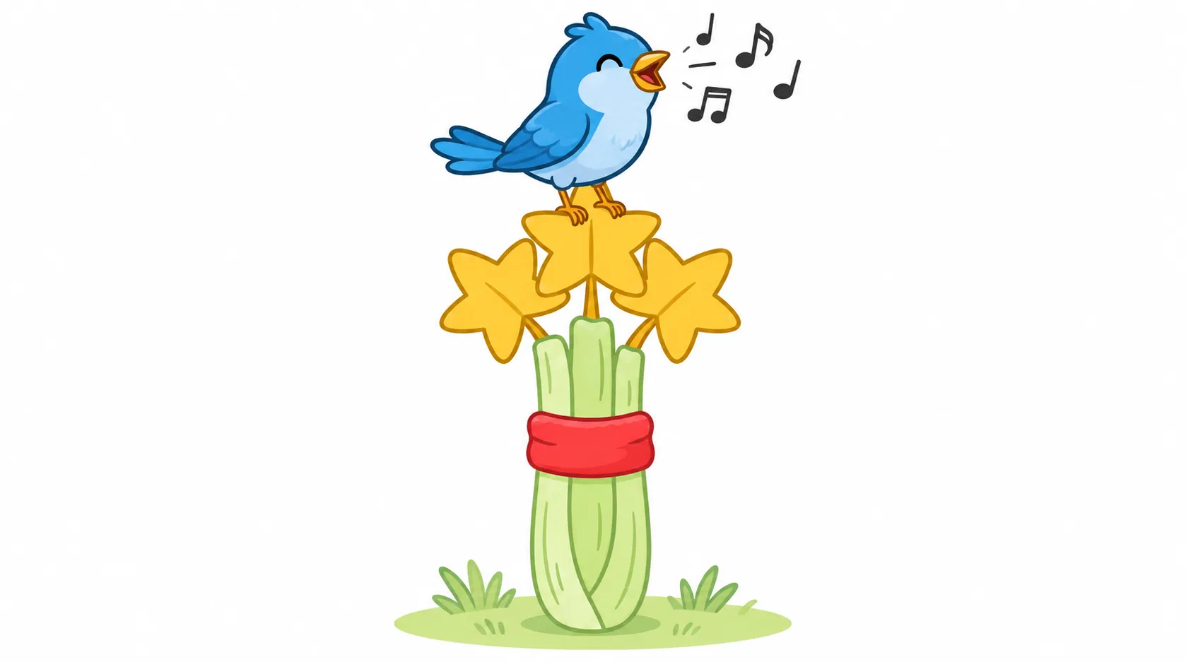 A small blue bird sings while perched on a tall stalk of celery.