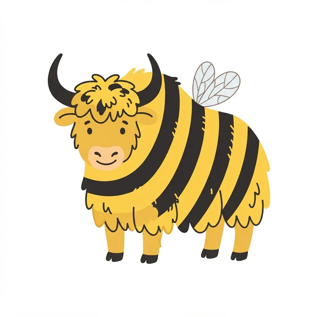 A shaggy, bulky yak featuring bold yellow and black bee stripes, curved black horns, and a pair of small, delicate, translucent bee wings.