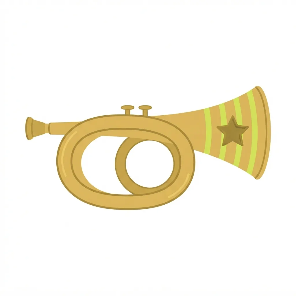 A polished brass bugle with a distinctive double-looped body and a lime-green striped bell marked by a deep, star-shaped dent.