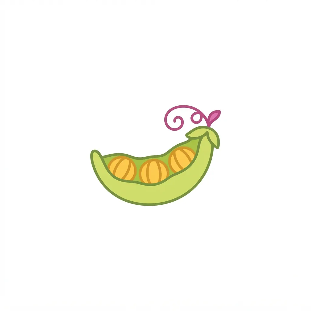 A tiny, crescent-shaped lime-green pea pod with a single curly magenta vine tendril and three distinct golden-striped peas inside.