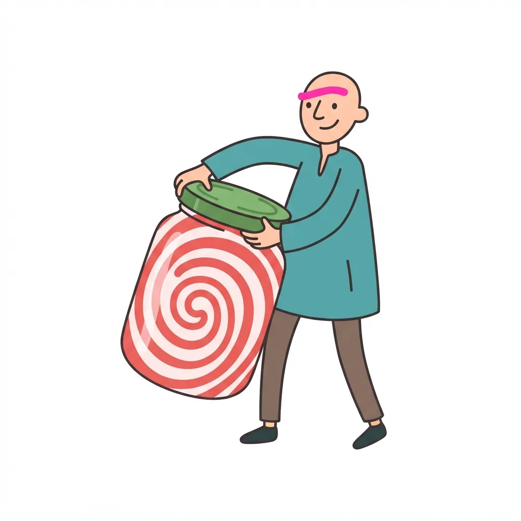 A beanpole-thin man with one neon-pink eyebrow, wearing a teal tunic while gripping and twisting the lid of a giant, spiral-patterned jar.