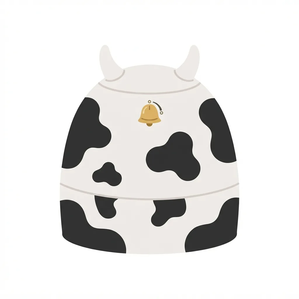 A stout, dome-shaped matte plastic humidifier decorated with black-and-white cow spots, featuring a tiny golden bell dial and two horn-like mist nozzles.