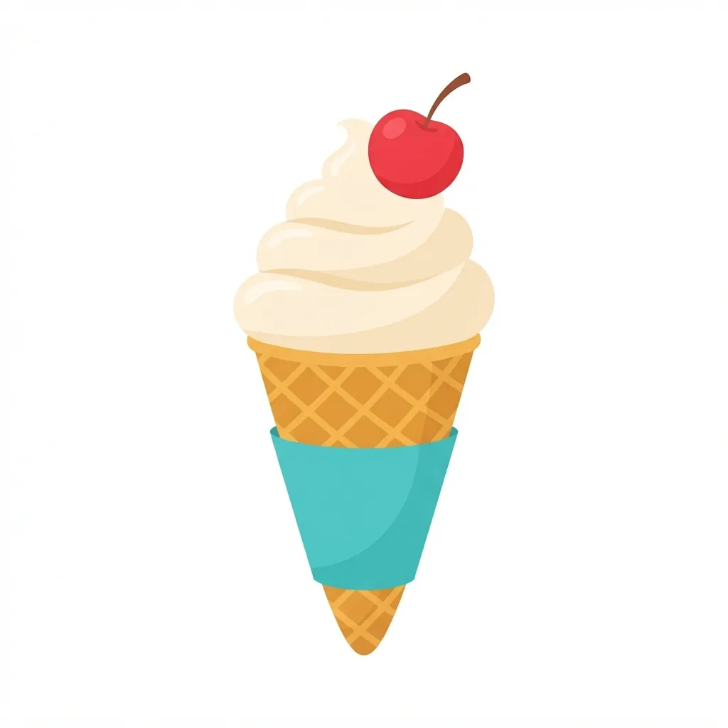 A golden-brown waffle cone topped with a massive vanilla ice cream swirl, featuring a bright teal sleeve and an oversized red cherry on top.