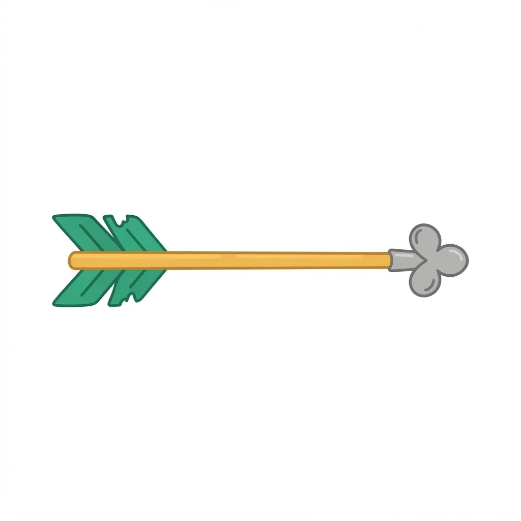 A golden-shafted arrow featuring a distinct four-leaf-clover-shaped metal tip and three emerald fletching feathers, including one noticeably chipped and crooked tail feather.