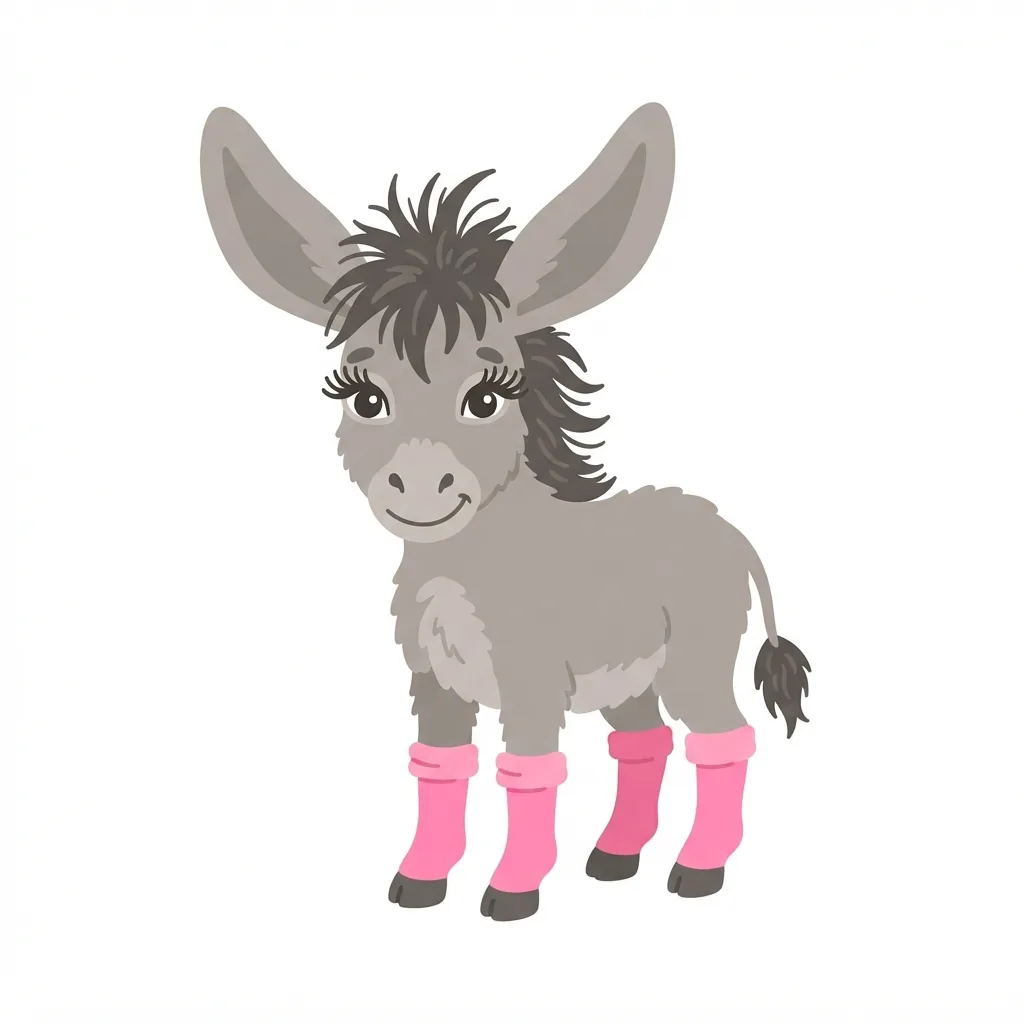 A fuzzy, ash-grey mule featuring exceptionally long ears, a wild tufted mane, and signature bright-pink knee-high socks on all four legs.