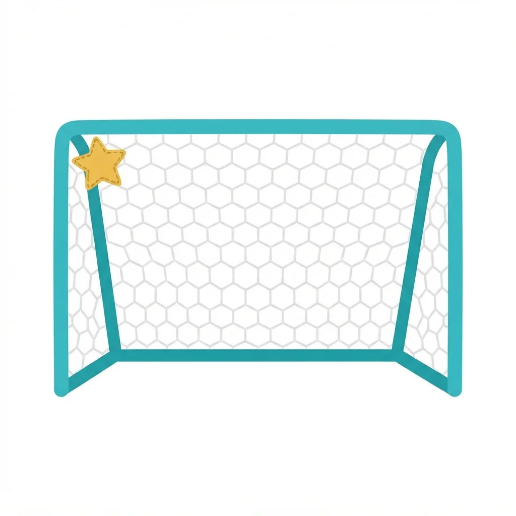 A white nylon soccer goal net with a bright teal steel frame, featuring a distinctive gold star patch stitched onto its upper left corner.