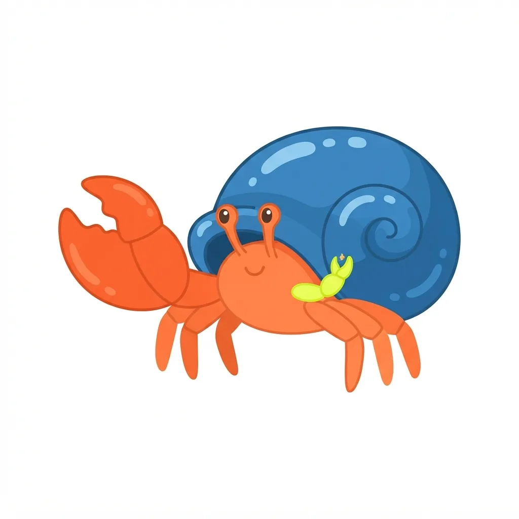 A bright orange hermit crab with a glossy blue shell, featuring one giant claw and one comically microscopic, neon-yellow pincher arm.