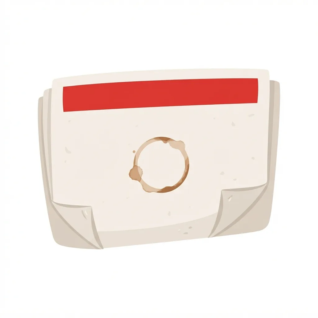 A folded off-white paper newspaper with a bold red masthead banner, dog-eared bottom corners, and a distinctive circular brown coffee stain on its cover.