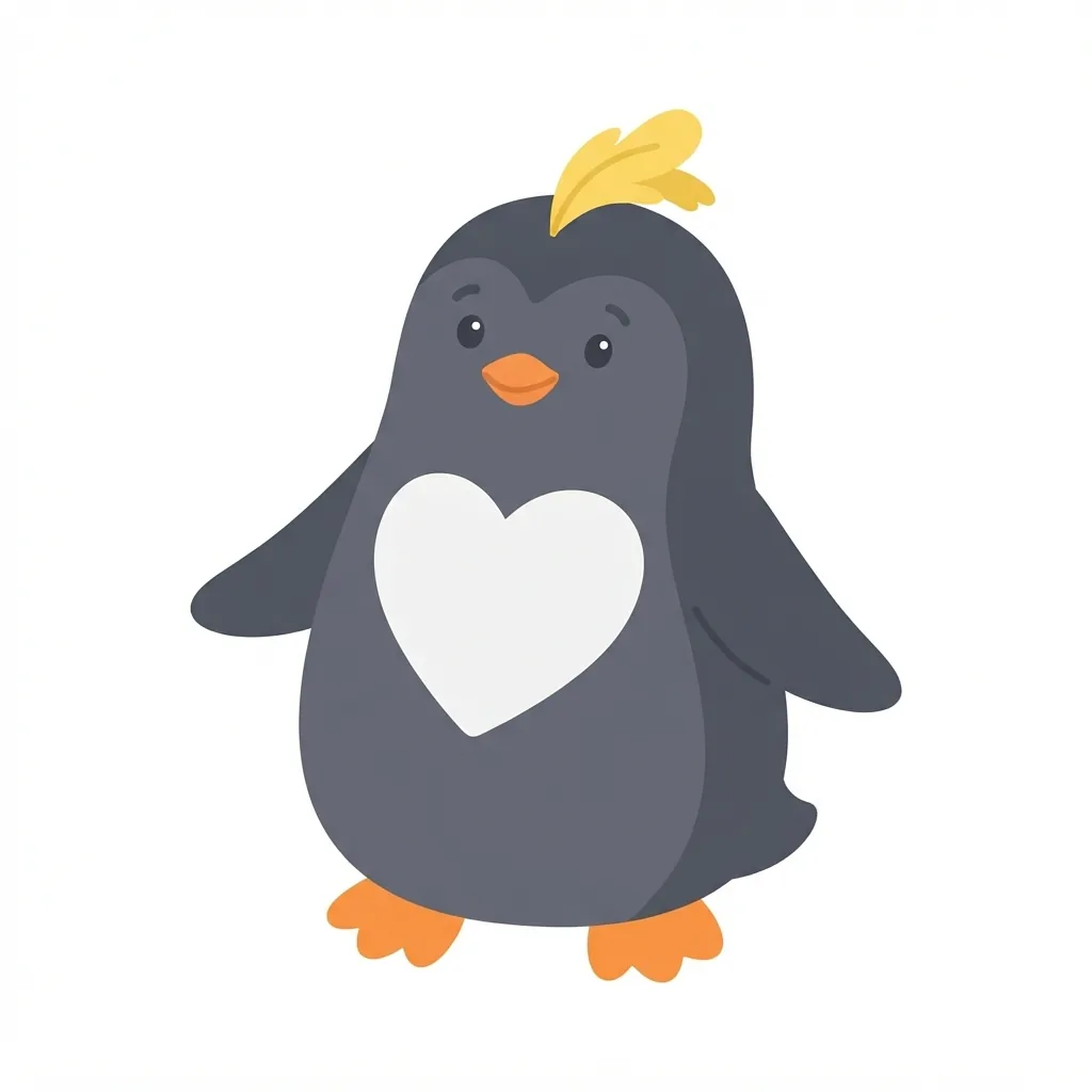 A chubby, charcoal-grey penguin featuring a heart-shaped white chest patch, bright orange feet, and a single, floppy yellow feather tuft atop its head.