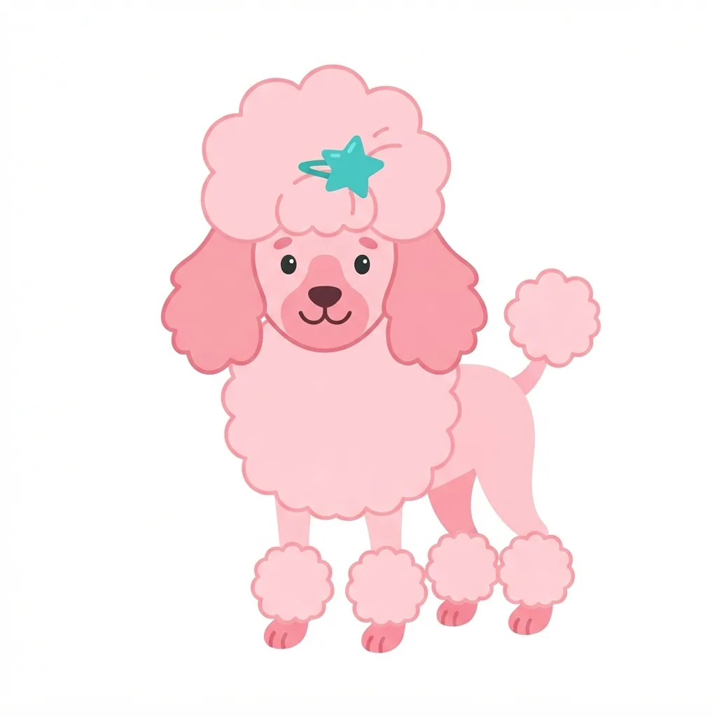 A pink poodle with fluffy pom-pom ankles and tail, distinguished by a single bright teal star-shaped hair clip in its voluminous head puff.