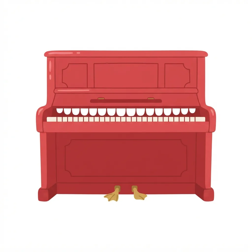 A glossy, cherry-red wooden upright piano featuring a permanent row of large white teeth lining its keyboard and mismatched, duck-foot-shaped brass pedals.