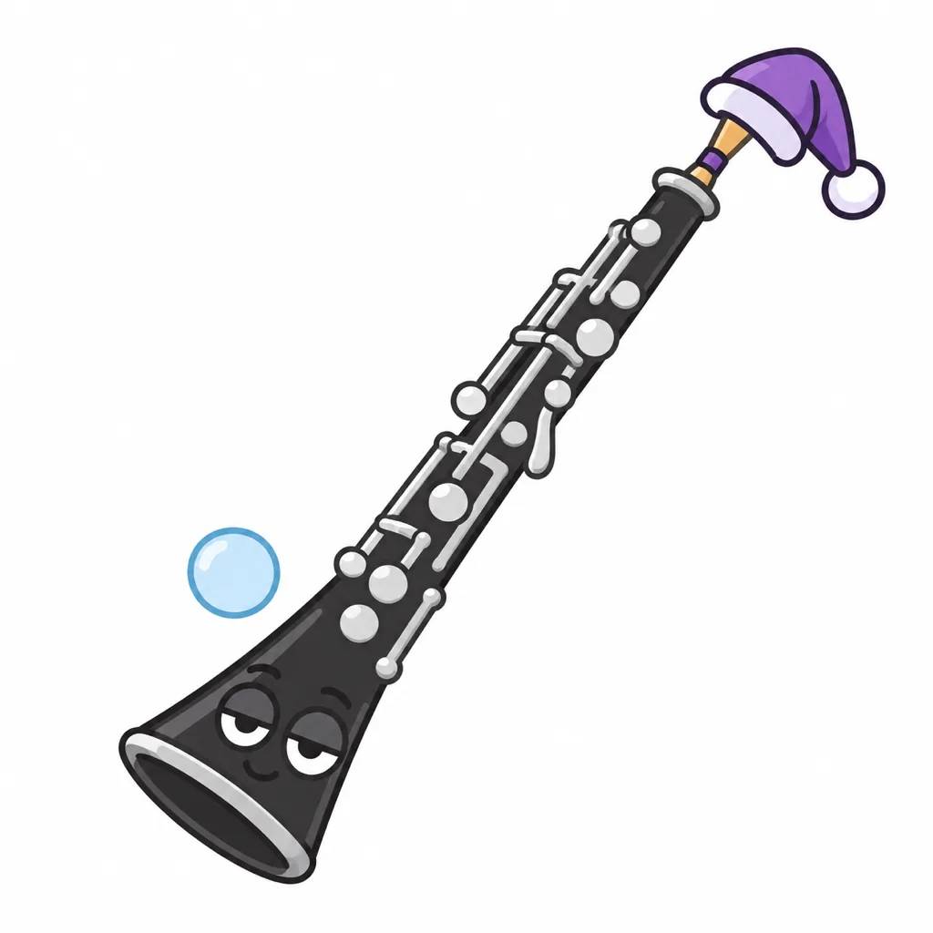 A slim black wooden oboe with shiny silver keys, droopy half-closed eyelids and a sleepy smile near its flared bell, and a purple nightcap with a white pom-pom over its reed.