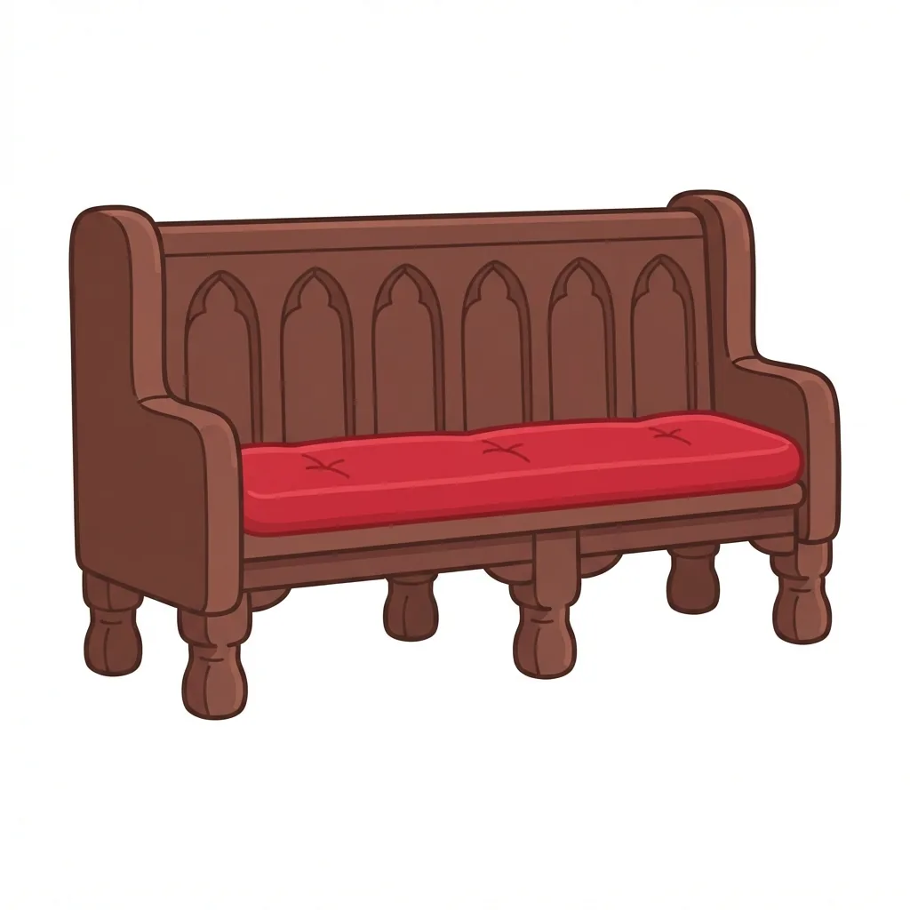 A heavy, dark-oak church pew featuring six stubby, carved wooden legs, a gothic-arched backrest, and a distinctive bright red velvet cushion.