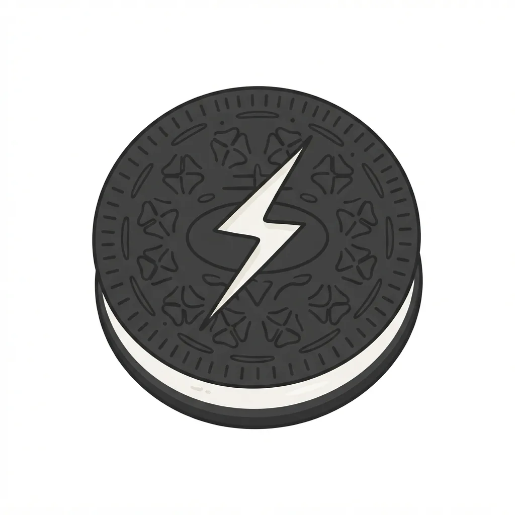 A giant, round chocolate sandwich cookie with embossed charcoal-black wafers, thick white cream, and a distinctive jagged, lightning-bolt-shaped crack on its top face.