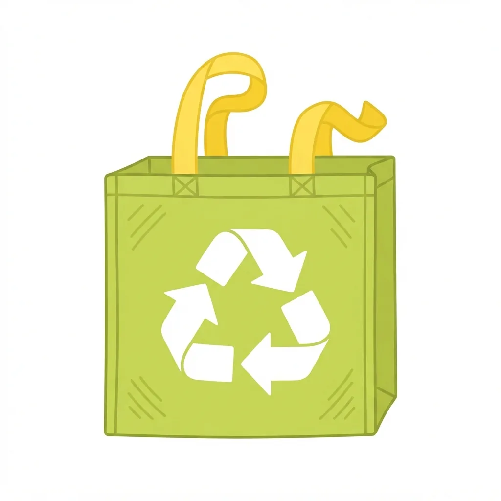 A boxy, lime-green woven canvas grocery bag featuring a giant, slightly crooked white recycling logo on its front and mismatched bright yellow handles.