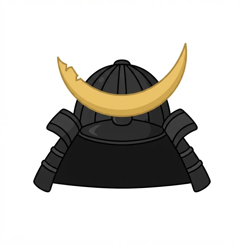 A heavy black-lacquered samurai kabuto helmet with a wide neck guard and a massive, golden crescent-moon crest featuring a distinctively chipped left tip.